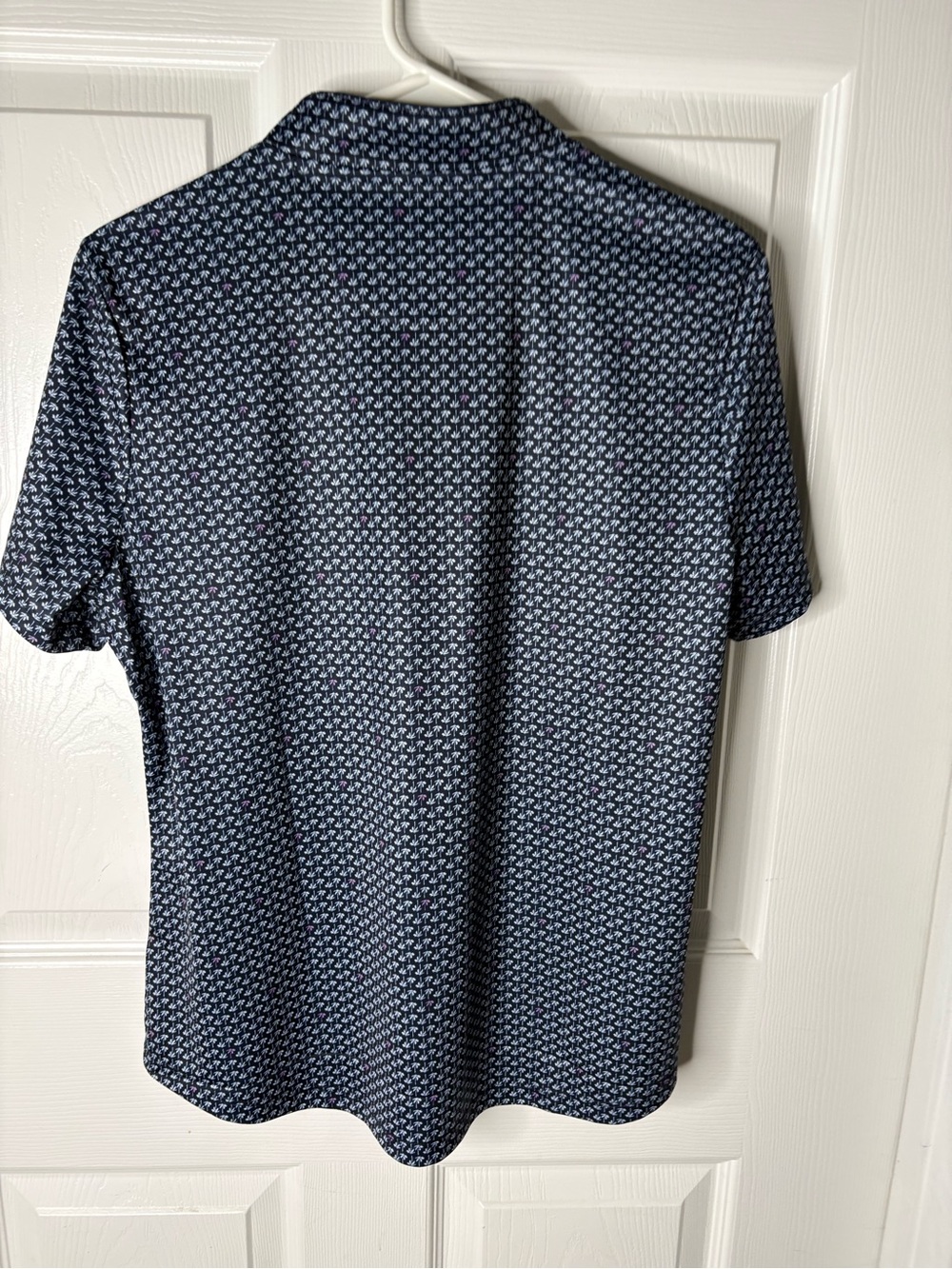 NWOT Greg Norman Navy Palm Tree Micro-Pattern Short Sleeve Zip Polo Golf Shirt - Picture 2 of 5